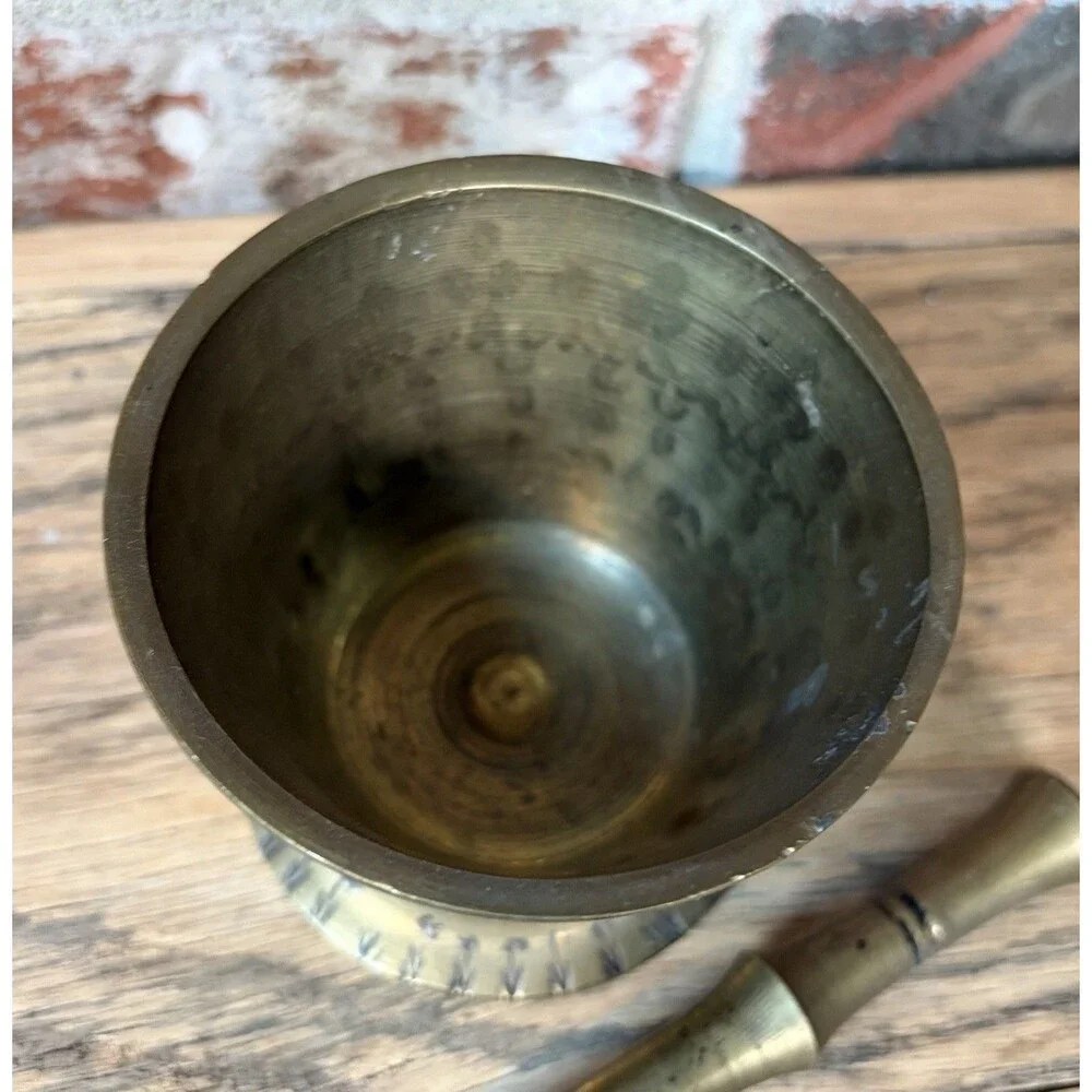 Vintage Brass Mortar & Pestle Set Hand Decorated Geometric Design